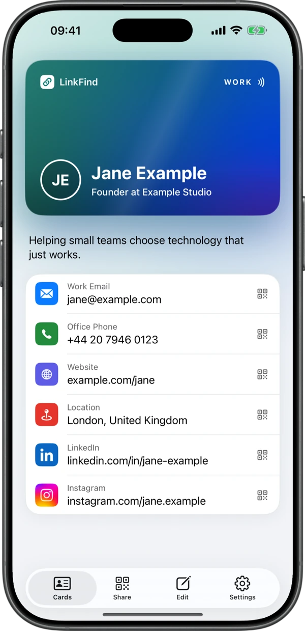 The Cards tab in LinkFind: Jane Example's card in the Ocean design, her short bio, then her email, phone, website, location and profiles.