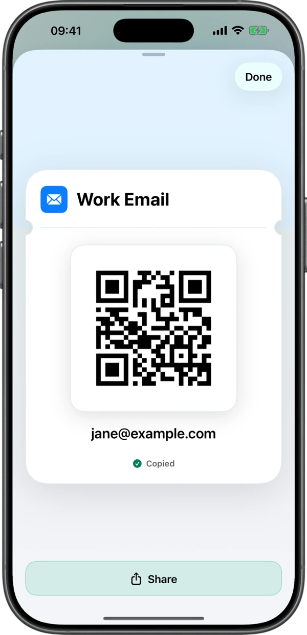 Jane's work email opened on its own, set out large with its QR code and Copied beneath.
