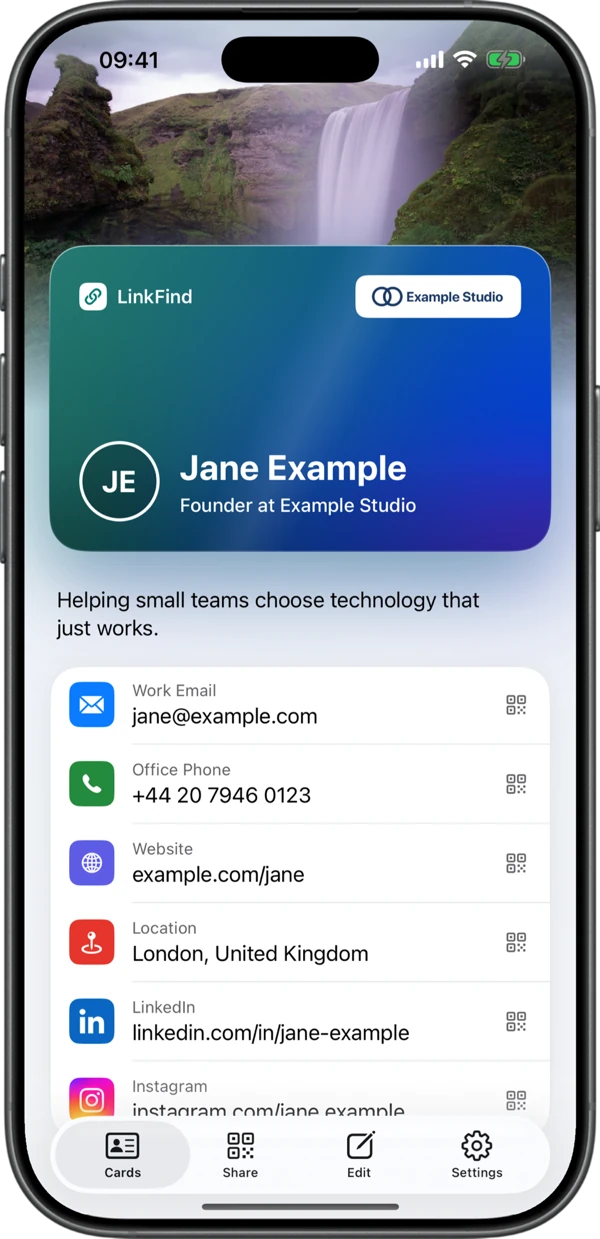 A card with Example Studio's logo in its top corner and a waterfall photo behind the top of the screen.