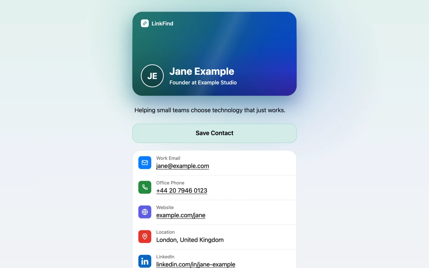 Jane Example's card page in a web browser: her card, her bio, a Save Contact button and her public details.
