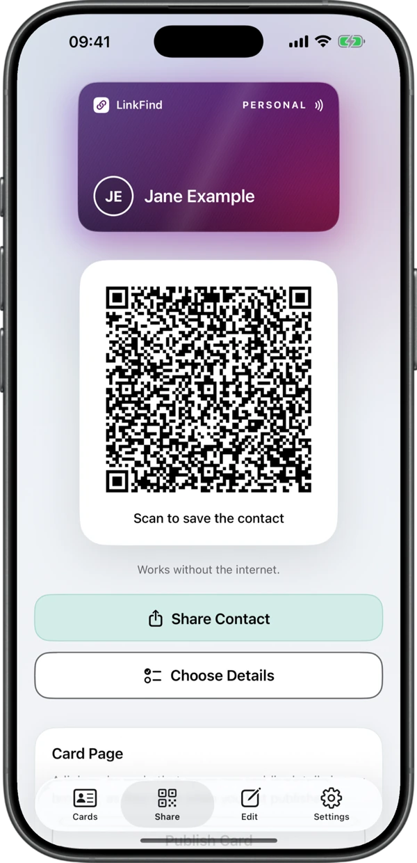 The Share tab showing a contact code for Jane's personal card, with Share Contact beneath it.